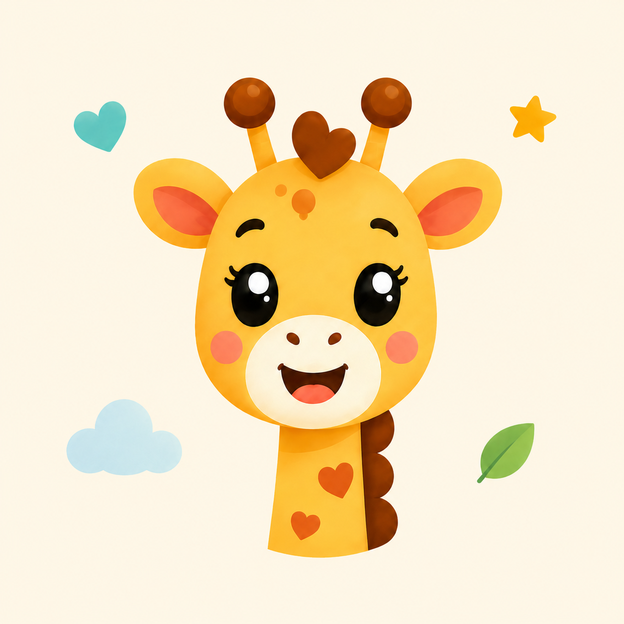 Mascote da Girafinha Feliz em uma composição de carinho