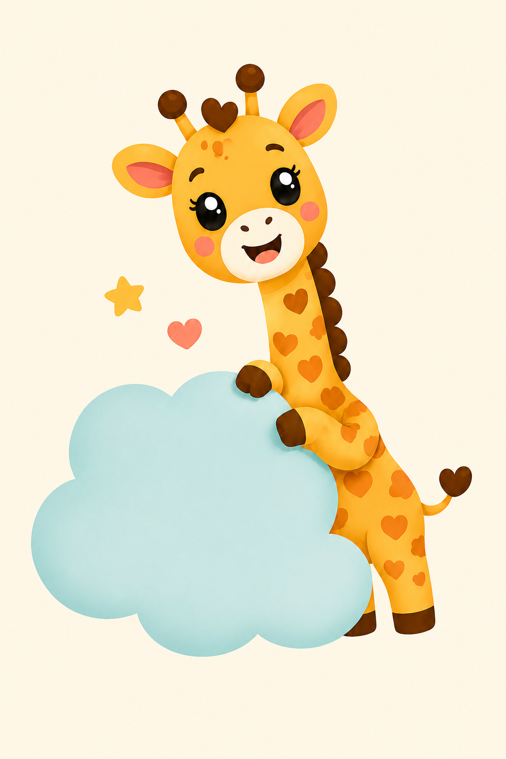 Mascote Girafinha Feliz surgindo atrás de uma nuvem